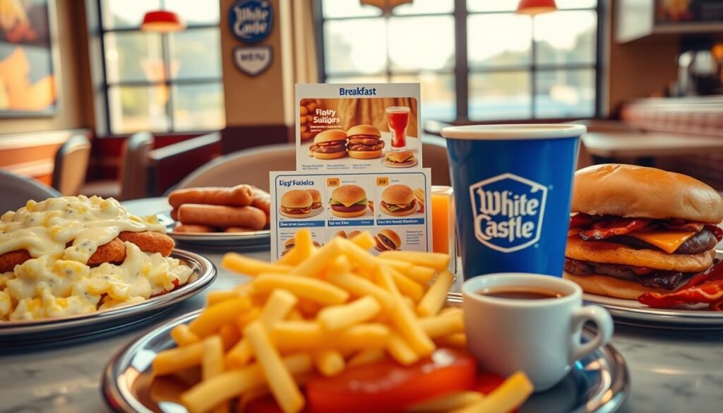 A beautifully arranged White Castle breakfast table featuring a variety of menu items such as fluffy scrambled eggs, savory sausage patties, crispy bacon, and deliciously warm sliders with cheese. The foreground displays a close-up of a glossy tray filled with golden hash browns and perfectly brewed coffee in a classic White Castle cup. In the middle, a menu card showcases the breakfast options, adorned with appetizing images of each item. The background features a cozy diner setting with soft, natural lighting coming through large windows, creating an inviting atmosphere. The overall mood is warm and cheerful, emphasizing the excitement and satisfaction of enjoying a hearty breakfast at White Castle.