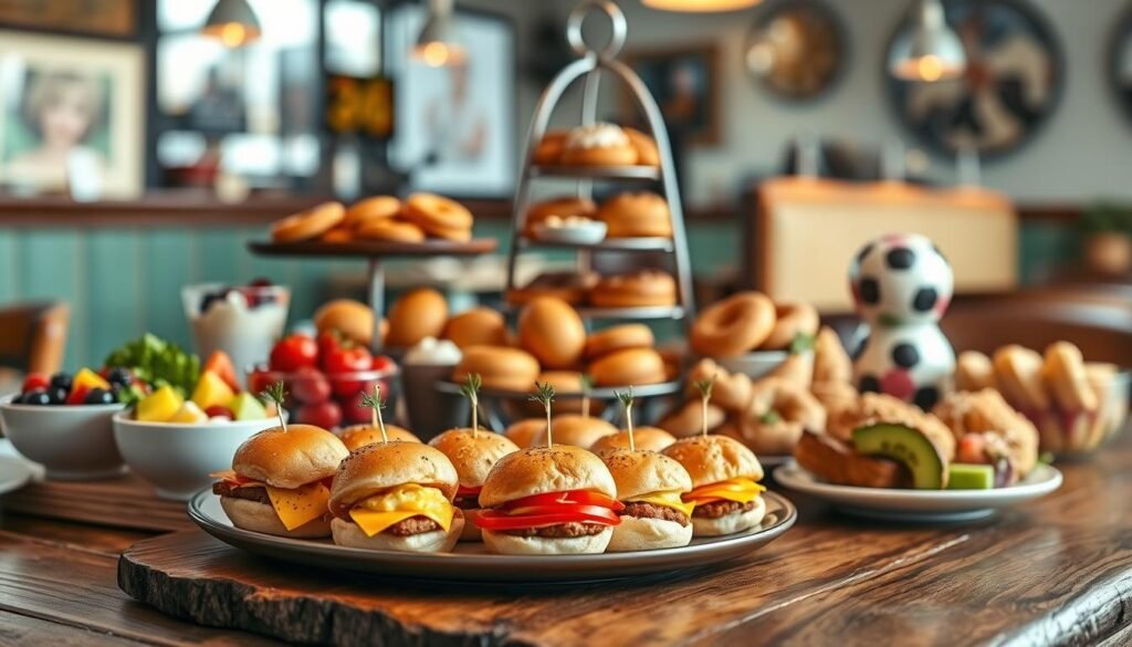 A beautifully arranged breakfast catering menu set on a rustic wooden table, showcasing an array of enticing breakfast items. In the foreground, a platter features mini sliders filled with scrambled eggs, cheese, and sausage, surrounded by vibrant bowls of fresh fruit and yogurt parfaits. In the middle, a tastefully designed multi-tiered stand displays an assortment of pastries, muffins, and bagels, artfully garnished with delicate herbs. The background features a softly blurred classic diner-style setting with warm, inviting lighting accentuating the delicious food. The atmosphere conveys a sense of celebration and comfort, perfect for group orders. Capture the scene from a slightly elevated angle to highlight the abundance and variety, using soft, natural lighting to enhance appetizing colors and textures, creating a welcoming and delightful mood.