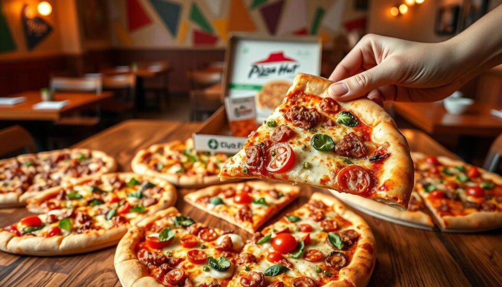 A beautifully arranged table featuring a selection of Pizza Hut's gluten-free menu options, prominently displaying a variety of gluten-free pizzas topped with vibrant vegetables, cheeses, and meats. In the foreground, focus on a gluten-free pizza slice being lifted by a pair of hands, showcasing its appealing crust. The middle background features a pizza box with the Pizza Hut logo, partially opened to reveal more gluten-free offerings like wings and salads. The setting is a cozy restaurant space with warm lighting, wooden tables, and colorful decor that evokes a friendly atmosphere. Use soft focus on the background to keep attention on the food, with a slight overhead angle to capture the full essence of the dishes.