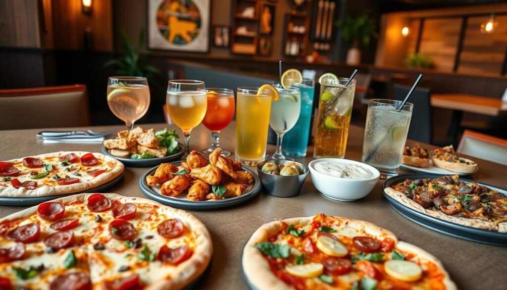 A beautifully arranged table set for a California Pizza Kitchen happy hour, showcasing a vibrant selection of delicious dishes. In the foreground, an assortment of mouthwatering small pizzas featuring fresh toppings like pepperoni, mushrooms, and vegetables. Beside the pizzas, a variety of appetizers, including crispy Thai chicken wings, creamy spinach artichoke dip, and flavorful bruschetta. In the middle, chilled drinks in stylish glasses, including refreshing cocktails and iced teas with garnishes of citrus. The background features a cozy restaurant ambiance with soft, warm lighting that highlights the inviting atmosphere, with tasteful decor such as wood accents and potted plants. The scene captures the essence of a lively happy hour, emphasizing enjoyment and camaraderie, all presented from an inviting angle that draws viewers into the experience.