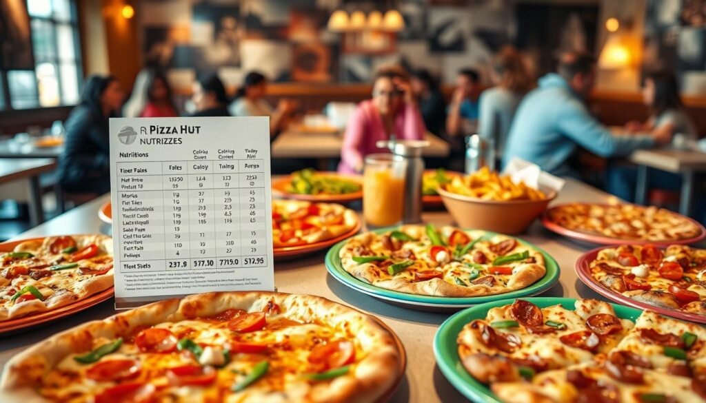 A beautifully arranged table showcasing an array of Pizza Hut menu items under soft, warm lighting. In the foreground, a variety of pizzas featuring fresh toppings like vegetables, pepperoni, and cheese are artistically placed on vibrant, colorful plates, emphasizing nutrition and customization options. In the middle ground, a chart listing nutritional information for each pizza and sides is subtly integrated, showing calorie counts and dietary tips in a sleek, modern design. The background features a cozy restaurant setting, with softly blurred images of customers enjoying their meals, creating an inviting and friendly atmosphere. The shot is taken from a slight overhead angle, giving an appetizing perspective that highlights the variety and appeal of the dishes without any text or distractions. A beautifully arranged table showcasing an array of Pizza Hut menu items under soft, warm lighting. In the foreground, a variety of pizzas featuring fresh toppings like vegetables, pepperoni, and cheese are artistically placed on vibrant, colorful plates, emphasizing nutrition and customization options. In the middle ground, a chart listing nutritional information for each pizza and sides is subtly integrated, showing calorie counts and dietary tips in a sleek, modern design. The background features a cozy restaurant setting, with softly blurred images of customers enjoying their meals, creating an inviting and friendly atmosphere. The shot is taken from a slight overhead angle, giving an appetizing perspective that highlights the variety and appeal of the dishes without any text or distractions.