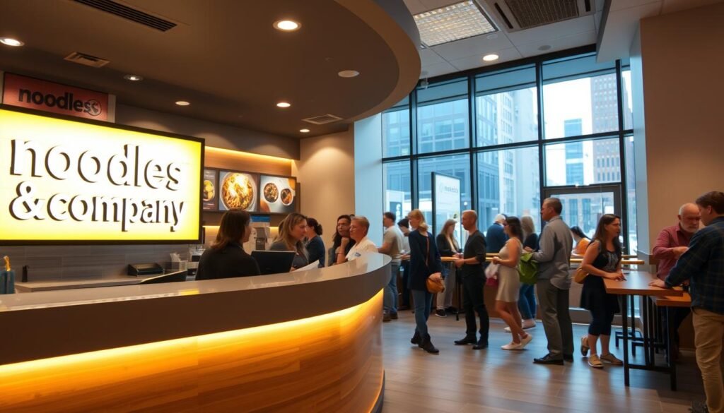 A bustling Noodles & Company restaurant interior, with a sleek and modern counter area in the foreground. The counter features a prominent "Quick Pickup" sign, illuminated by warm, inviting lighting. In the middle ground, customers are seen lining up to place their orders, their faces radiating a sense of anticipation and satisfaction. The background showcases the restaurant's clean, minimalist design, with large windows letting in natural light and offering a glimpse of the vibrant city outside. The overall atmosphere conveys the convenience and efficiency of the "Quick Pickup" experience, perfectly complementing the article's focus on the chain's menu and customer-centric approach.