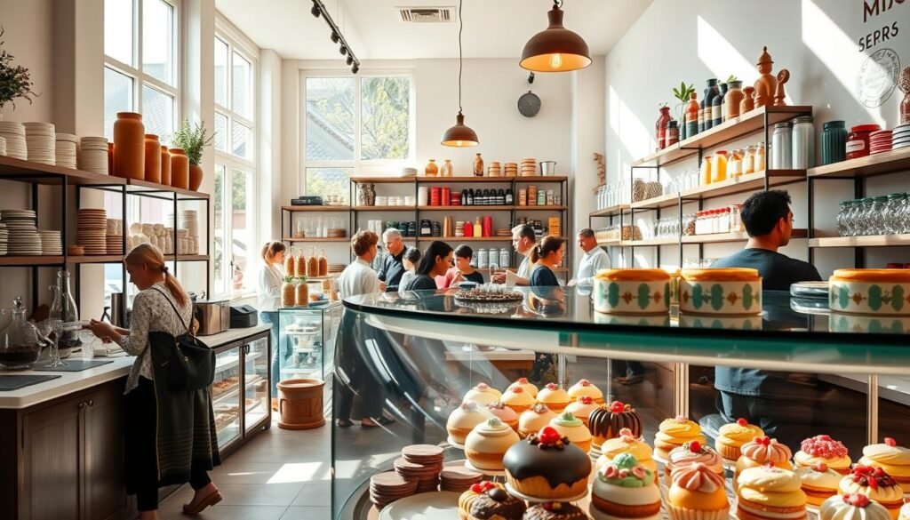 A bustling international dessert shop, "Mixue International Desserts and Sweet Treats," comes to life. Sunlight filters through large windows, illuminating the vibrant display of pastries, cakes, and confections from around the world. In the foreground, a glass counter showcases delicate macarons, eclairs, and tarts, their colors and textures a feast for the eyes. Beyond, customers peruse shelves stocked with exotic ingredients and artisanal baking equipment, while the aroma of freshly brewed coffee and baking pastries wafts through the air. The atmosphere is one of global culinary exploration, inviting visitors to indulge in a world of decadent and diverse sweet treats. A bustling international dessert shop, "Mixue International Desserts and Sweet Treats," comes to life. Sunlight filters through large windows, illuminating the vibrant display of pastries, cakes, and confections from around the world. In the foreground, a glass counter showcases delicate macarons, eclairs, and tarts, their colors and textures a feast for the eyes. Beyond, customers peruse shelves stocked with exotic ingredients and artisanal baking equipment, while the aroma of freshly brewed coffee and baking pastries wafts through the air. The atmosphere is one of global culinary exploration, inviting visitors to indulge in a world of decadent and diverse sweet treats.