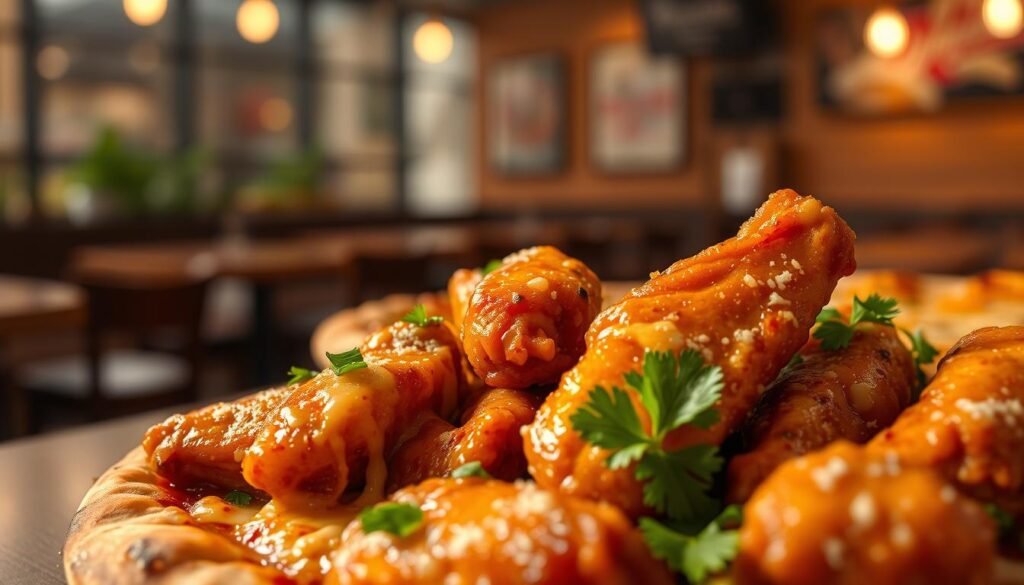 A close-up view of a delicious serving of Garlic Parmesan wings inspired by Pizza Hut, prominently featured in the foreground. The wings are golden-brown, glistening with a savory garlic Parmesan sauce, and garnished with fresh parsley for a burst of color. In the middle ground, a pizza with a crispy crust and melting cheese is partially visible, showcasing the perfect pairing. The background is softly blurred, evoking a warm, inviting restaurant atmosphere with wooden tables and ambient lighting, simulating a cozy dining experience. The scene is illuminated with soft, natural light that emphasizes the textures and rich colors of the food, enhancing its appealing look. The overall mood is inviting and appetizing, making viewers crave this flavorful combination.