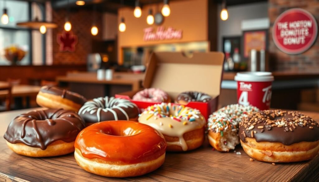 A colorful assortment of Tim Hortons donuts displayed on a rustic wooden table, showcasing a variety of popular flavors and designs. In the foreground, highlight a vibrant maple donut with a rich glaze, surrounded by chocolate dip and sprinkle-covered selections. In the middle, include a box of assorted donuts, partially open, revealing more sweet treats like Boston cream and jelly-filled donuts. The background features a cozy Tim Hortons café ambiance with warm, inviting lighting emanating from hanging fixtures, and softly blurred coffee cups on a nearby counter. The atmosphere is friendly and welcoming, evoking a sense of community and indulgence, perfect for enjoying fresh donut selections in the United States.