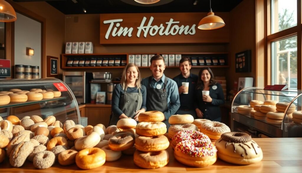 A cozy Tim Hortons bakery interior, showcasing a vibrant display of freshly baked goods including colorful Timbits, fluffy donuts with various toppings, and warm pastries. In the foreground, a wooden counter features an inviting array of baked items, with soft natural light filtering through large windows, casting a warm glow. The middle ground reveals smiling employees in professional attire, serving happy customers enjoying their coffee and treats. In the background, shelves lined with coffee bags and bakery items create a homely atmosphere. The scene should evoke a sense of warmth and community, with rich, inviting colors that highlight the deliciousness of the bakery offerings. The angle is slightly above eye level for a dynamic perspective, capturing the lively essence of a busy Tim Hortons location.