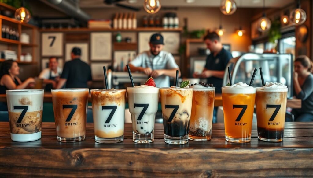 A cozy café setting showcasing an array of tantalizing 7 Brew drinks on a rustic wooden counter. In the foreground, an assortment of fan favorite secret menu creations, each with distinctive colors, textures, and garnishes. The middle ground features a barista preparing a custom beverage, their skilled hands in focus. In the background, glimpses of cheerful customers and a warm, inviting ambiance with soft lighting, natural wood tones, and hints of greenery. The overall scene exudes a sense of discovery, community, and the joy of exploring hidden culinary gems.