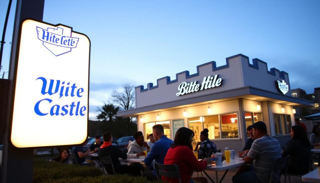 A cozy, welcoming White Castle restaurant during twilight hours. In the foreground, a brightly lit White Castle sign glows against a backdrop of a soft blue sky, hinting at early evening. The middle ground features a classic White Castle building with its signature white and blue colors, warmly lit to invite diners. Patrons of diverse backgrounds enjoy their meals at outdoor tables, dressed in casual, modest attire, suggesting inclusivity and comfort. The background shows a faint outline of city buildings, subtly illuminated, creating a charming urban vibe. The scene is bathed in gentle, warm lighting, evoking a friendly and relaxed atmosphere. Capture the essence of late-night dining, with a focus on the inviting nature of the restaurant.