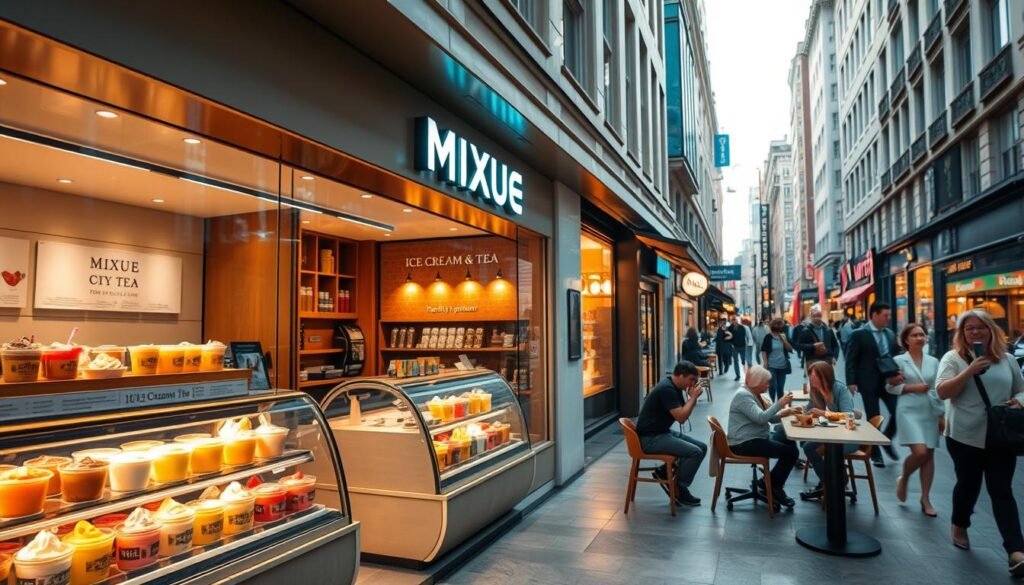 A crisp, well-lit image of a Mixue Ice Cream &amp;amp;amp; Tea storefront set against a lively urban backdrop. The storefront features an elegant design with clean lines, warm lighting, and a prominent display showcasing an array of tempting ice cream flavors and tea varieties. In the foreground, a display case highlights the high-quality ingredients used in the products, including fresh fruits, premium teas, and other natural components. The middle ground captures the store's inviting atmosphere, with customers enjoying their treats at stylish tables and chairs. The background depicts a bustling city street, with passersby adding to the vibrant, upbeat energy of the scene. The overall composition conveys a sense of premium quality, attention to detail, and a commitment to providing a delightful customer experience.