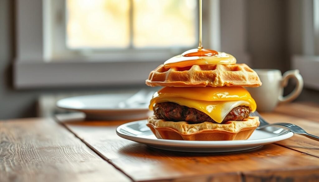 A delicious breakfast waffle slider sits prominently on a rustic wooden table, perfectly captured in a close-up view. The slider features a fluffy waffle layered with a savory sausage patty, a slice of melted cheese, and a perfectly cooked egg. Golden syrup glistens atop the slider, casting warm reflections. In the background, a soft morning light filters through a nearby window, creating a cozy and inviting atmosphere, with subtle bokeh effects enhancing the depth. The scene conveys a wholesome and comforting morning vibe, perfect for a breakfast delight. A simple plate and fork are subtly positioned alongside, emphasizing the focus on the mouthwatering slider.