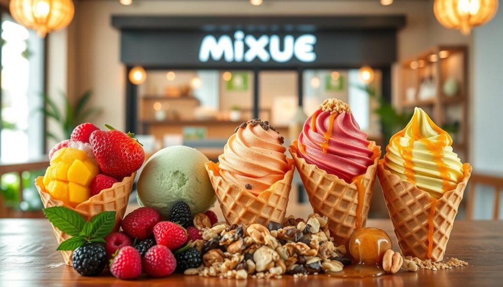 A delightful arrangement of seasonal Mixue ice cream flavors, meticulously crafted with vibrant colors and natural ingredients. In the foreground, a selection of scoops showcasing luscious strawberry, refreshing mango, and creamy matcha varieties, nestled in crisp waffle cones. The middle ground features an array of toppings, including juicy berries, toasted nuts, and a drizzle of honey, adding textural contrast. The background depicts a softly blurred backdrop of a cozy Mixue tea house, bathed in warm, natural lighting that accentuates the inviting atmosphere. The overall composition radiates a sense of health-conscious indulgence, perfectly capturing the essence of Mixue's seasonal menu. A delightful arrangement of seasonal Mixue ice cream flavors, meticulously crafted with vibrant colors and natural ingredients. In the foreground, a selection of scoops showcasing luscious strawberry, refreshing mango, and creamy matcha varieties, nestled in crisp waffle cones. The middle ground features an array of toppings, including juicy berries, toasted nuts, and a drizzle of honey, adding textural contrast. The background depicts a softly blurred backdrop of a cozy Mixue tea house, bathed in warm, natural lighting that accentuates the inviting atmosphere. The overall composition radiates a sense of health-conscious indulgence, perfectly capturing the essence of Mixue's seasonal menu.
