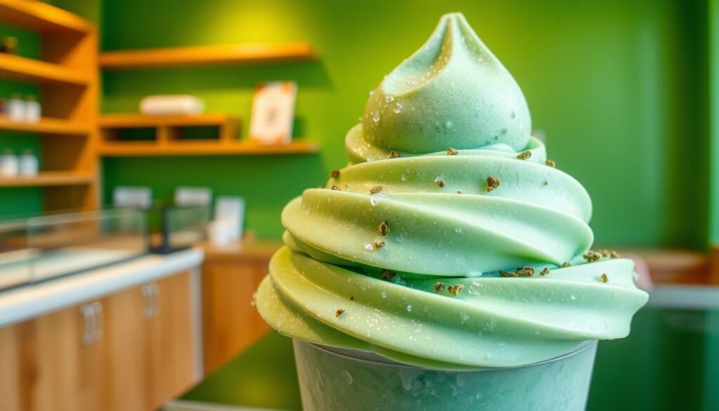 A delightful, frozen masterpiece of Mixue's Green Tea Ice Cream stands out against a bright, verdant backdrop. The ice cream's vibrant emerald hue glistens under soft, natural lighting, inviting a closer look. Atop the smooth, creamy treat, delicate swirls and specks of ground green tea leaves add a textural contrast. The scene is set in a cozy, artisanal ice cream shop, with wooden shelves and a minimalist counter framing the frozen delight. The overall atmosphere conveys a sense of high-quality, innovative indulgence - a perfect representation of Mixue's &amp;amp;amp;amp;amp;quot;Green Tea Ice Cream Innovation&amp;amp;amp;amp;amp;quot;.