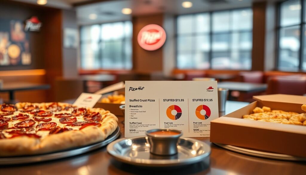 A detailed and modern restaurant table setting showcasing a spread of Pizza Hut menu items, with clear focus on price tags next to each item. In the foreground, a large pepperoni pizza, a box of stuffed crust pizza, and a side of breadsticks with dipping sauce. In the middle, a placemat displaying a concise breakdown of prices with pie charts illustrating value comparisons for each item. The background features the warm, inviting interior of a Pizza Hut, with soft ambient lighting creating a cozy atmosphere. Use a shallow depth of field to blur the background slightly, highlighting the delicious food and price tags in sharp detail. The overall mood should feel appetizing and informative, perfect for a dining experience discussion.