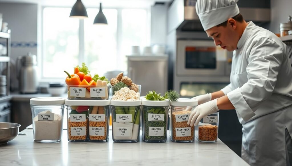 A detailed kitchen scene depicting gluten cross-contact procedures in a professional setting. In the foreground, a chef in a clean white uniform meticulously prepares gluten-free ingredients on a sanitized counter, ensuring careful separation from gluten-containing items. On the middle layer, various labeled containers filled with gluten-free flour, vegetables, and toppings are organized neatly, emphasizing clarity and safety. In the background, a crisp, bright kitchen with modern appliances is displayed, filled with soft, natural light filtering through a window. The mood is professional and focused, showcasing a commitment to safety for diners with celiac disease. The angle is slightly elevated, capturing the essence of a clean, organized kitchen environment without any distractions.