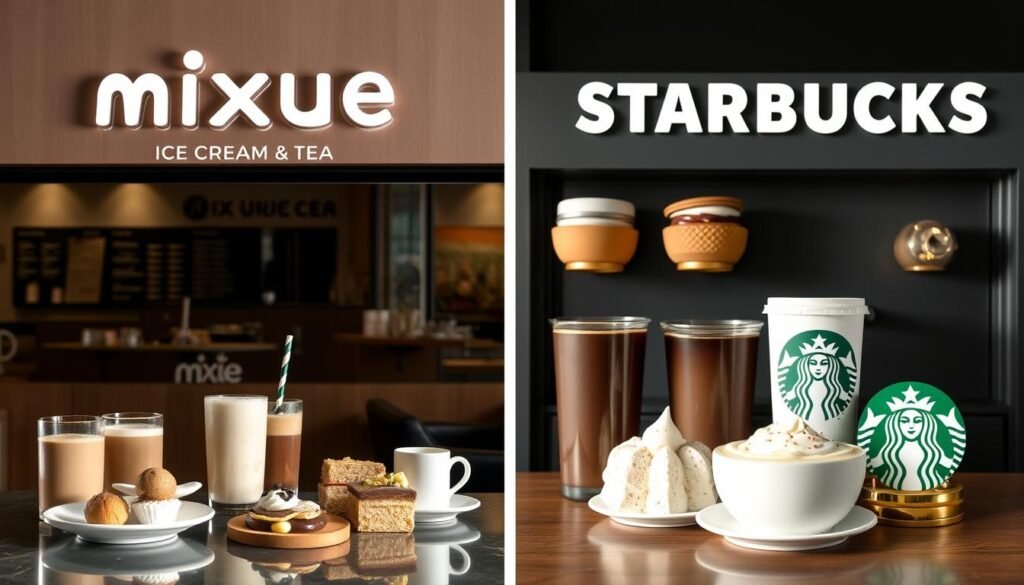 A detailed side-by-side comparison of the menus and product offerings from Mixue Ice Cream &amp;amp;amp; Tea and Starbucks Coffee, captured in a sleek and minimalist design aesthetic. The image should feature clean product shots arranged in a grid layout, highlighting the diverse range of beverages, desserts, and specialty items available at each establishment. Subtle shadows and reflections create depth, while muted, earthy tones convey a sense of sophistication. The overall composition should feel balanced and visually appealing, allowing the viewer to easily grasp the key differences and similarities between the two brands' product portfolios.