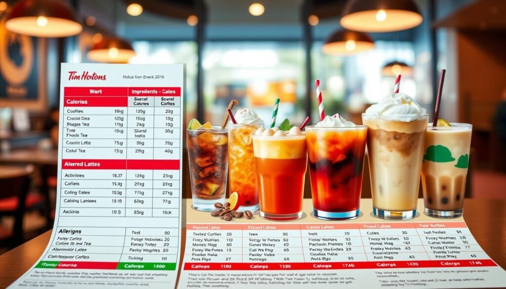 A detailed table showcasing the nutrition, ingredients, and allergen information for various Tim Hortons drinks, prominently featuring a variety of hot and cold beverages such as coffee, iced tea, and flavored lattes. In the foreground, a colorful infographic style layout with clear sections for calories, sugars, and allergens, using vibrant colors associated with the Tim Hortons brand. The middle ground includes visually appealing illustrations of the drinks, elegantly arranged with fresh ingredients like coffee beans, ice cubes, and whipped cream. In the background, a softly blurred café setting, with warm lighting creating an inviting atmosphere. The image emphasizes clarity and organization, conveying professionalism and informative content. The overall mood is engaging and informative, perfect for an article on drink menus. A detailed table showcasing the nutrition, ingredients, and allergen information for various Tim Hortons drinks, prominently featuring a variety of hot and cold beverages such as coffee, iced tea, and flavored lattes. In the foreground, a colorful infographic style layout with clear sections for calories, sugars, and allergens, using vibrant colors associated with the Tim Hortons brand. The middle ground includes visually appealing illustrations of the drinks, elegantly arranged with fresh ingredients like coffee beans, ice cubes, and whipped cream. In the background, a softly blurred café setting, with warm lighting creating an inviting atmosphere. The image emphasizes clarity and organization, conveying professionalism and informative content. The overall mood is engaging and informative, perfect for an article on drink menus.