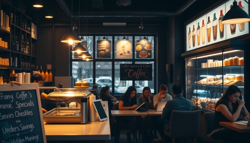 A dimly lit café interior with warm, cozy lighting. At the counter, a barista prepares drinks with skilled precision, surrounded by the aroma of freshly brewed coffee. In the foreground, a chalkboard displays the day's specials and ordering tips, inviting customers to explore the menu and uncover hidden savings. The middle ground features patrons seated at tables, engaged in conversation or working on laptops, creating a welcoming and productive atmosphere. In the background, a display showcases the café's signature drinks and baked goods, hinting at the delectable offerings available. The overall scene conveys a sense of community, creativity, and the perfect balance of productivity and relaxation.