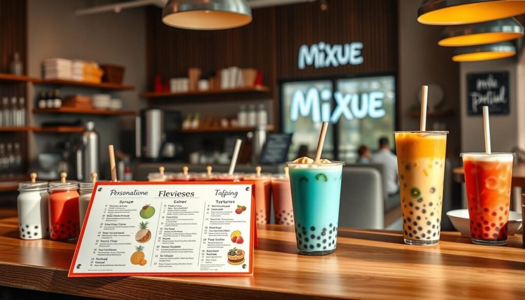 A high-quality, detailed image showcasing the customization options and toppings selection for Mixue bubble tea. Centered on a wooden counter, an array of colorful bubble tea cups, syrups, boba pearls, and other toppings are neatly arranged. Soft, natural lighting illuminates the scene, creating a warm, inviting atmosphere. The foreground features an open menu board displaying the various flavor choices, while the background depicts a minimalist café setting with clean lines and natural materials. The overall composition highlights the personalization and artisanal nature of the Mixue bubble tea experience.