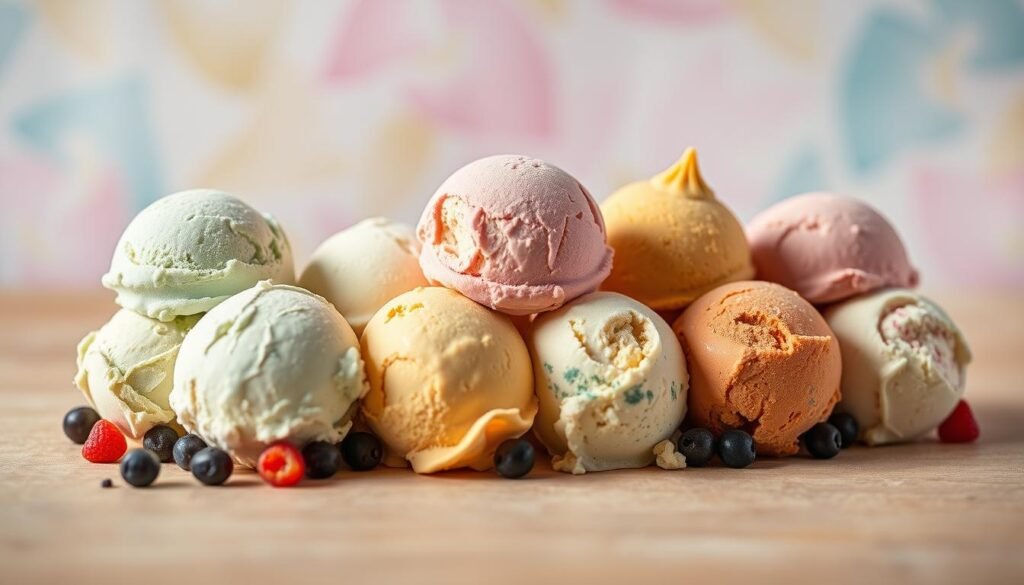 A high-quality image of an array of colorful and inviting Mixue ice cream scoops, showcasing the brand's seasonal flavors. The scoops are arranged artfully on a smooth wooden surface, with a soft, natural lighting illuminating the creamy textures and vibrant hues. In the background, a blurred, pastel-tinted backdrop suggests a serene, atmospheric setting, creating a sense of harmony and visual appeal. The composition captures the essence of Mixue's diverse seasonal offerings, enticing the viewer to explore the brand's refreshing and innovative ice cream flavors. A high-quality image of an array of colorful and inviting Mixue ice cream scoops, showcasing the brand's seasonal flavors. The scoops are arranged artfully on a smooth wooden surface, with a soft, natural lighting illuminating the creamy textures and vibrant hues. In the background, a blurred, pastel-tinted backdrop suggests a serene, atmospheric setting, creating a sense of harmony and visual appeal. The composition captures the essence of Mixue's diverse seasonal offerings, enticing the viewer to explore the brand's refreshing and innovative ice cream flavors.