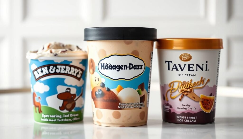 A high-quality studio shot showcasing three iconic premium ice cream pints - Ben &amp;amp;amp;amp;amp; Jerry's, Häagen-Dazs, and Talenti. The pints are arranged in a clean, minimalist arrangement on a sleek white table, with perfect lighting that highlights the vibrant colors and textures of the ice cream. The scene has a sophisticated, upscale atmosphere, with a slight depth of field blur creating a sense of depth. The camera angle is slightly angled to provide an engaging perspective, capturing the brands in a comparative layout that invites the viewer to examine and compare the distinctive packaging designs. Subtle highlights and shadows emphasize the premium, artisanal nature of these top-tier ice cream labels.