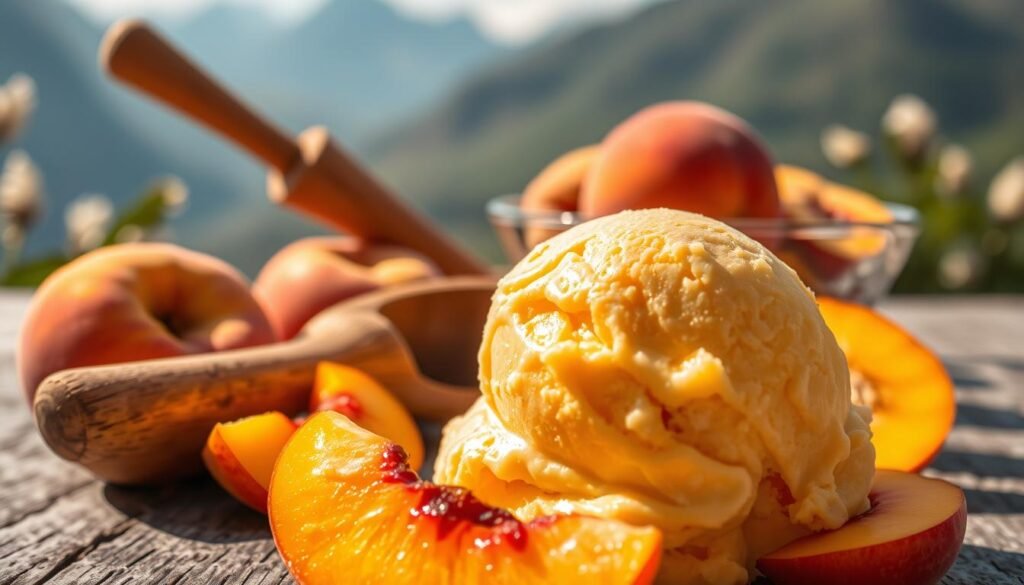 A lush, vibrant scene of Mixue's signature Peach Mountain ice cream. In the foreground, a decadent scoop of peach-infused ice cream, its soft texture and golden hue glistening under warm, natural lighting. Surrounding it, an array of fresh peach slices, their fuzzy skin and juicy flesh invitingly displayed. In the middle ground, a rustic wooden scoop rests alongside a glass dish, complementing the earthy tones. The background features a soft, blurred mountainous landscape, hinting at the treat's origin and inspiring a sense of tranquility. The overall composition evokes a sense of artisanal craftsmanship and the delightful flavors of summer.