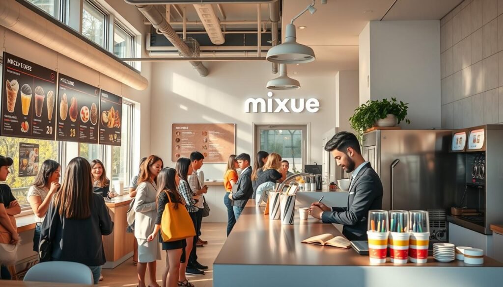 A modern and cozy Mixue ice cream parlor, the ordering process in full swing. In the bright, airy interior, customers line up at the counter, examining the colorful menu boards showcasing a variety of Mixue's signature flavors. The barista, wearing a crisp uniform, attentively takes orders, scribbling them down on cups. Soft natural light filters in through large windows, casting a warm glow over the scene. Sleek, minimalist decor and contemporary furnishings create a inviting, trendy atmosphere. In the background, the distinct hum of the ice cream machines can be heard, promising a delightful frozen treat. The overall mood is one of anticipation and delight, as customers eagerly await their personalized Mixue creations. A modern and cozy Mixue ice cream parlor, the ordering process in full swing. In the bright, airy interior, customers line up at the counter, examining the colorful menu boards showcasing a variety of Mixue's signature flavors. The barista, wearing a crisp uniform, attentively takes orders, scribbling them down on cups. Soft natural light filters in through large windows, casting a warm glow over the scene. Sleek, minimalist decor and contemporary furnishings create a inviting, trendy atmosphere. In the background, the distinct hum of the ice cream machines can be heard, promising a delightful frozen treat. The overall mood is one of anticipation and delight, as customers eagerly await their personalized Mixue creations.