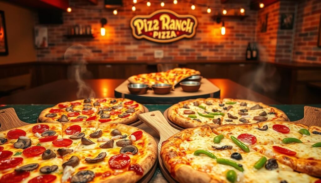 A mouth-watering assortment of Pizza Ranch pizzas in the foreground, showcasing a variety of toppings such as pepperoni, mushrooms, green peppers, and extra cheese, all appealingly arranged on wooden pizza peel boards. Each pizza is hot and fresh, with steam gently rising, highlighting the gooey cheese. In the middle, a rustic wooden table displays some of the pizzas cut into slices, alongside small bowls of dipping sauces. The background features a warmly lit retro-style pizzeria setting with exposed brick walls and string lights, evoking a cozy, inviting atmosphere. The image captures a vibrant color palette with rich reds, yellows, and greens, enhancing the appetizing nature of the scene. Soft focus on the edges for a tantalizing effect, making the pizzas the clear focal point.
