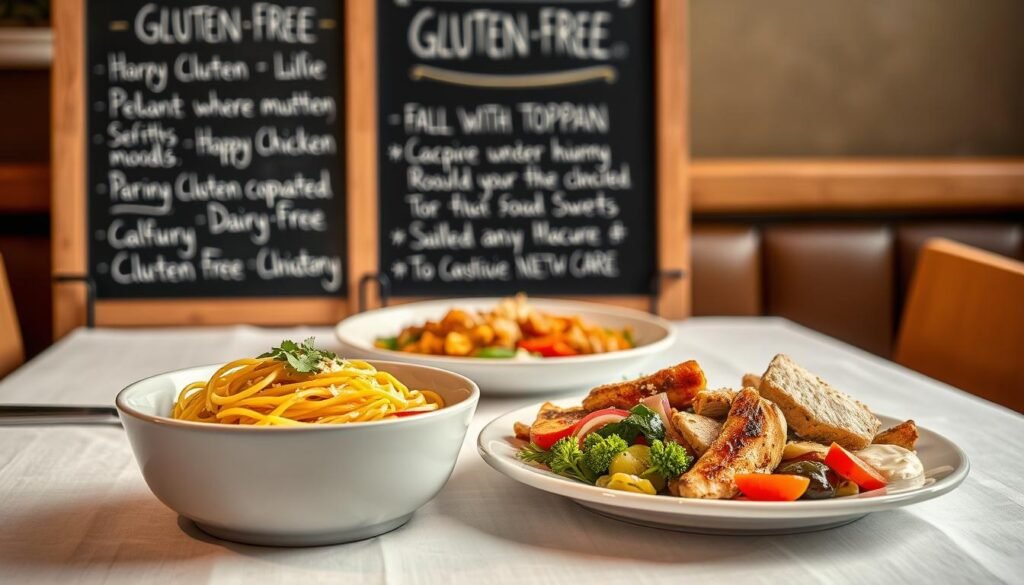 A neatly arranged table with a white tablecloth, showcasing a variety of gluten-free menu items from Noodles & Company. In the foreground, a bowl of steaming, vibrant gluten-free noodles, garnished with fresh herbs and a sprinkle of parmesan. Beside it, a plate featuring a selection of customizable toppings, including grilled chicken, roasted vegetables, and a creamy, dairy-free sauce. The middle ground features a chalkboard menu, highlighting the restaurant's gluten-free offerings and encouraging customers to personalize their orders for a safe, enjoyable dining experience. The background is softly lit, creating a warm, inviting atmosphere that evokes the comfort and care of a modern, health-conscious establishment.