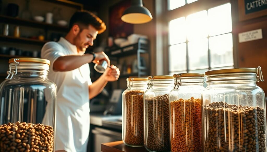A quaint coffee shop interior, bathed in warm, golden light filtering through large windows. Sleek glass jars line the counter, each brimming with an array of unique coffee bean blends - from earthy, smoky roasts to bright, citrusy notes. The barista, clad in a crisp white apron, carefully measures and grinds the beans, releasing a symphony of tantalizing aromas that fill the air. The focus rests on the jars, their contents showcased like precious jewels, inviting customers to explore a world of limited-edition and artisanal coffee experiences.