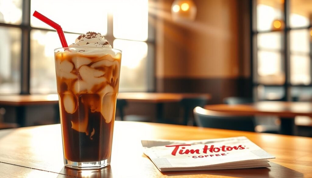 A refreshing glass of Tim Hortons iced coffee sits on a wooden table, glistening with condensation. The iced coffee is dark brown with creamy swirls of milk blended in, topped with a generous layer of whipped cream and a sprinkle of cocoa powder. The foreground features the iced coffee with an inviting straw. In the middle ground, a close-up view of a Tim Hortons branded napkin with the iconic logo peeking out. The background shows a bright café setting, bathed in warm sunlight filtering through large windows, reflecting off the glass, creating an inviting atmosphere. The overall mood is cheerful and vibrant, capturing the essence of enjoying a cool beverage on a warm day, with soft, natural lighting enhancing the scene. A refreshing glass of Tim Hortons iced coffee sits on a wooden table, glistening with condensation. The iced coffee is dark brown with creamy swirls of milk blended in, topped with a generous layer of whipped cream and a sprinkle of cocoa powder. The foreground features the iced coffee with an inviting straw. In the middle ground, a close-up view of a Tim Hortons branded napkin with the iconic logo peeking out. The background shows a bright café setting, bathed in warm sunlight filtering through large windows, reflecting off the glass, creating an inviting atmosphere. The overall mood is cheerful and vibrant, capturing the essence of enjoying a cool beverage on a warm day, with soft, natural lighting enhancing the scene.