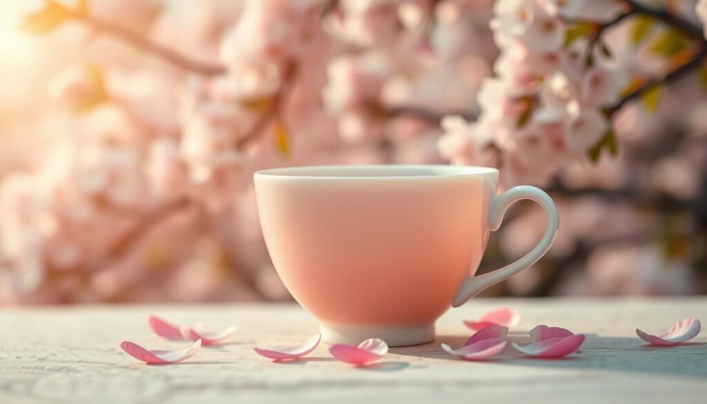 A serene, pastel-hued scene of a delicate ceramic teacup filled with fragrant cherry blossom tea, set against a softly blurred background of lush, flowering cherry trees. The tea's pale pink hue glistens in the warm, diffused lighting, complemented by a handful of fallen pink petals delicately scattered around the cup. The composition is balanced, with the teacup positioned slightly off-center to create a sense of natural, effortless elegance. The overall mood is one of tranquility, comfort, and the gentle beauty of nature.