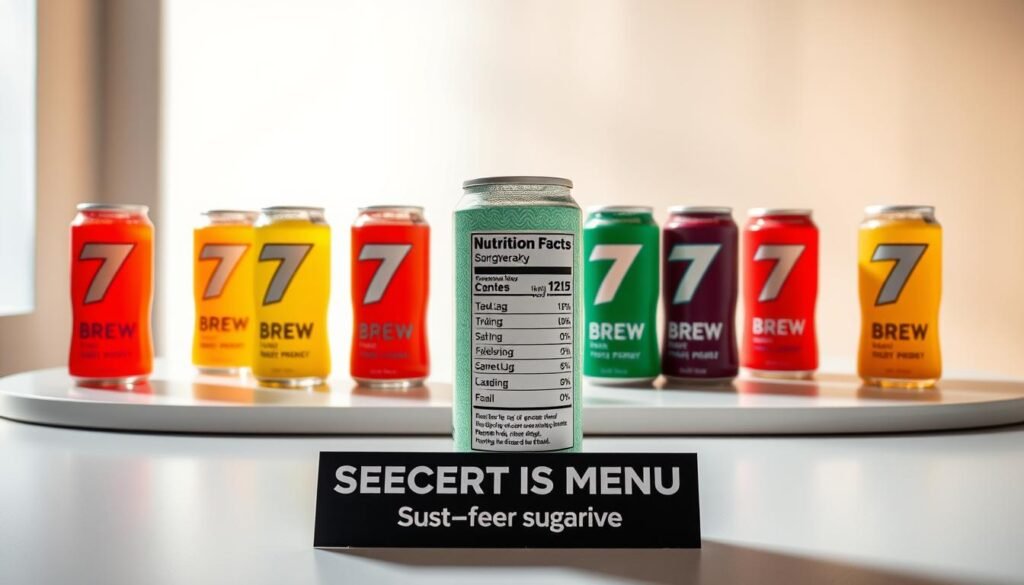 A sleek, minimalist table setting featuring an array of 7 Brew Energy drinks, their nutritional information displayed prominently in the foreground. The drinks are arranged artfully, their vibrant colors and angular bottles creating a visually striking composition. The background is a clean, bright studio setup with soft, diffused lighting, casting a warm glow over the scene. The image conveys a sense of health-consciousness and transparency, inviting the viewer to explore the secret menu's sugar-free alternatives.