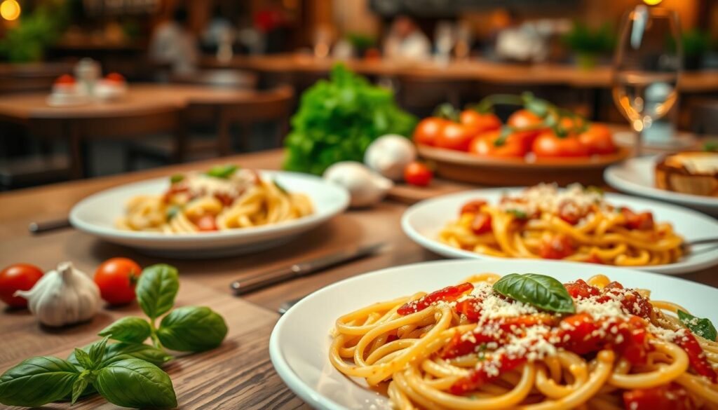 A stylish flat lay of a Pizza Hut pasta menu, showcasing vibrant dishes like creamy fettuccine Alfredo, zesty marinara, and cheesy stuffed pasta. In the foreground, a beautifully arranged plate of pasta garnished with fresh basil and parmesan. The middle ground features an elegant wooden table topped with ingredients like tomatoes, garlic, and herbs, emphasizing the freshness of the ingredients. The background has a blurred ambiance of a cozy restaurant environment, with warm lighting highlighting the dishes' rich colors. Capture the inviting atmosphere of dining with family. Use a soft focus lens to create an engaging depth of field, evoking a sense of warmth and comfort that complements the theme of Italian-inspired cuisine.