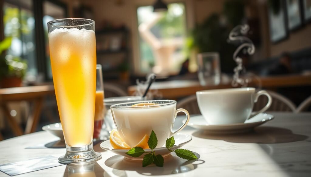 A sun-dappled cafe table, adorned with an assortment of refreshing beverages. In the foreground, a tall glass of lemonade, its golden hue shimmering as condensation beads on the outside. Beside it, a delicate porcelain teacup, steam curling from the fragrant brew within. In the middle ground, a plate of lemon wedges and fresh mint sprigs, adding a vibrant splash of color. The background features a blurred view of the cafe's interior, with its cozy, inviting atmosphere. The lighting is soft and natural, casting a warm, welcoming glow over the scene. The overall mood is one of tranquility and indulgence, beckoning the viewer to pause, sip, and savor the moment.
