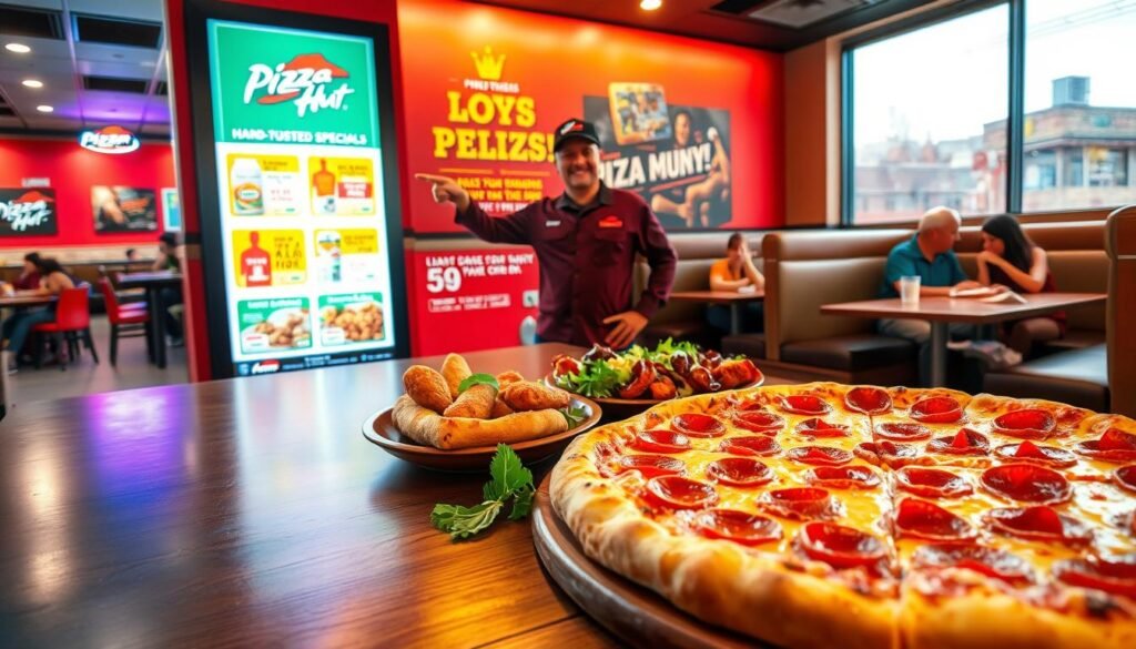 A vibrant Pizza Hut restaurant interior showcasing a variety of delicious specials on display. In the foreground, a large pepperoni pizza with melting cheese, along with a hand-tossed crust, sits invitingly on a wooden table. There are side dishes like chicken wings and a fresh garden salad elegantly arranged. In the middle ground, a friendly employee in a Pizza Hut uniform points to a colorful promotional poster featuring current deals and discounts. The background features a warm, welcoming restaurant ambiance with soft lighting, and customers enjoying their meals at cozy booths. The overall mood is cheerful and enticing, encouraging diners to explore the deals and flavors of the latest Pizza Hut menu.
