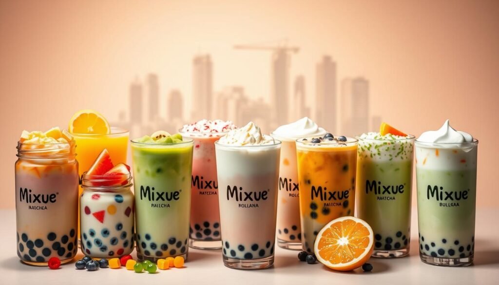 A vibrant and alluring display of Mixue bubble tea options, showcased against a backdrop of soft, pastel-hued tones. In the foreground, an array of colorful boba pearls, vibrant fruit slices, and creamy milk teas are presented in tempting glass jars, illuminated by warm, diffused lighting that casts gentle shadows. The middle ground features an array of classic and innovative Mixue bubble tea flavors, including matcha, taro, and tropical fruit variants, each topped with fluffy, cloud-like foam and delicate garnishes. In the background, a subtle, blurred cityscape hints at the urban setting, creating a sense of modern sophistication. The overall scene evokes a refreshing, artisanal, and visually captivating experience, perfectly capturing the essence of Mixue's irresistible bubble tea offerings. A vibrant and alluring display of Mixue bubble tea options, showcased against a backdrop of soft, pastel-hued tones. In the foreground, an array of colorful boba pearls, vibrant fruit slices, and creamy milk teas are presented in tempting glass jars, illuminated by warm, diffused lighting that casts gentle shadows. The middle ground features an array of classic and innovative Mixue bubble tea flavors, including matcha, taro, and tropical fruit variants, each topped with fluffy, cloud-like foam and delicate garnishes. In the background, a subtle, blurred cityscape hints at the urban setting, creating a sense of modern sophistication. The overall scene evokes a refreshing, artisanal, and visually captivating experience, perfectly capturing the essence of Mixue's irresistible bubble tea offerings.