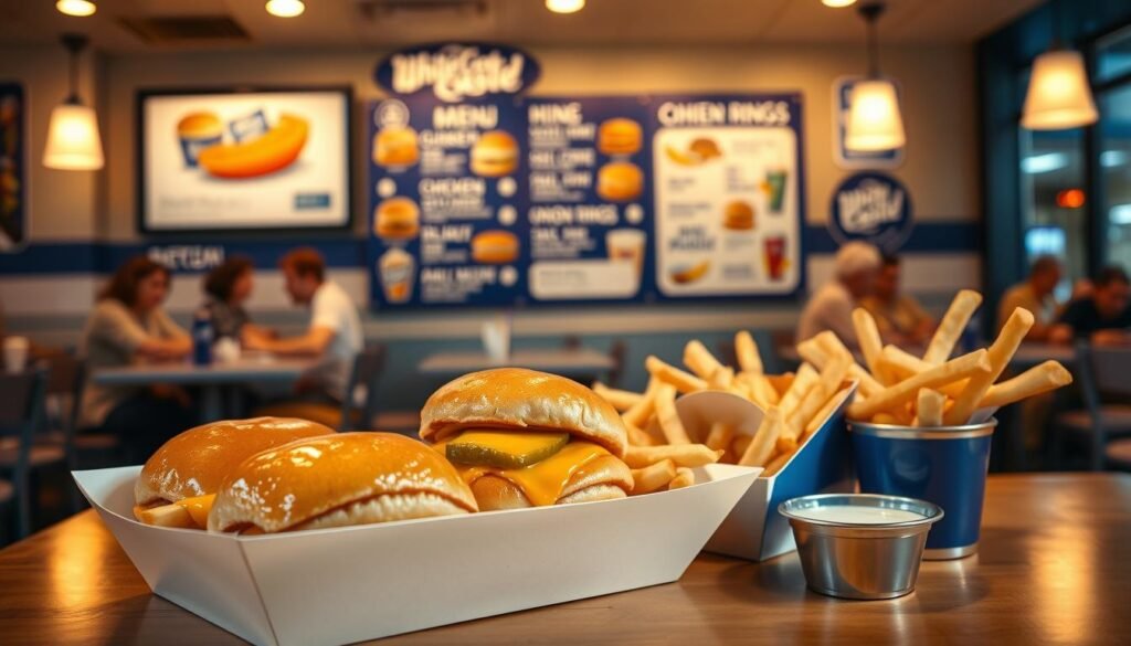 A vibrant and appetizing display of a White Castle menu. In the foreground, showcase a collection of iconic White Castle sliders, glistening with melted cheese and fresh pickles, nestled in a classic white cardboard tray. Include a side of crispy French fries, perfectly golden-brown, alongside a small cup of dipping sauce. In the middle, capture an elegantly arranged menu board featuring various options like chicken rings, onion rings, and drink selections, all designed with clean, bold graphics. In the background, a soft-focus view of a bustling White Castle diner, with patrons enjoying their meals, bathed in warm lighting that enhances the feeling of comfort and nostalgia. The scene evokes an inviting and casual atmosphere, highlighting the taste, texture, and value of White Castle offerings.