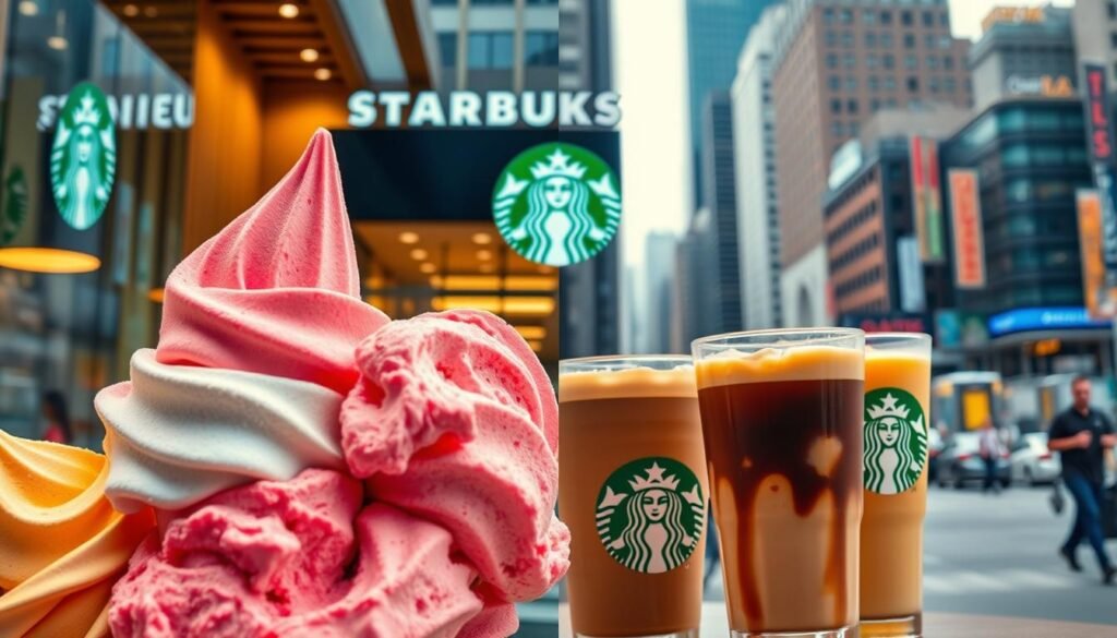 A vibrant and dynamic comparison of Mixue's colorful ice cream and Starbucks' classic coffee beverages. In the foreground, a tempting display of Mixue's delectable ice cream flavors in eye-catching pastel hues, each scoop a work of art. In the middle ground, a sleek and modern Starbucks cafe, its signature green siren logo prominently displayed. The background features a bustling urban cityscape, showcasing the global presence and popularity of these two iconic brands. The lighting is warm and inviting, highlighting the rich textures and vibrant colors of the scene. The composition is balanced and visually striking, inviting the viewer to ponder the merits of these two beloved purveyors of refreshment and indulgence.