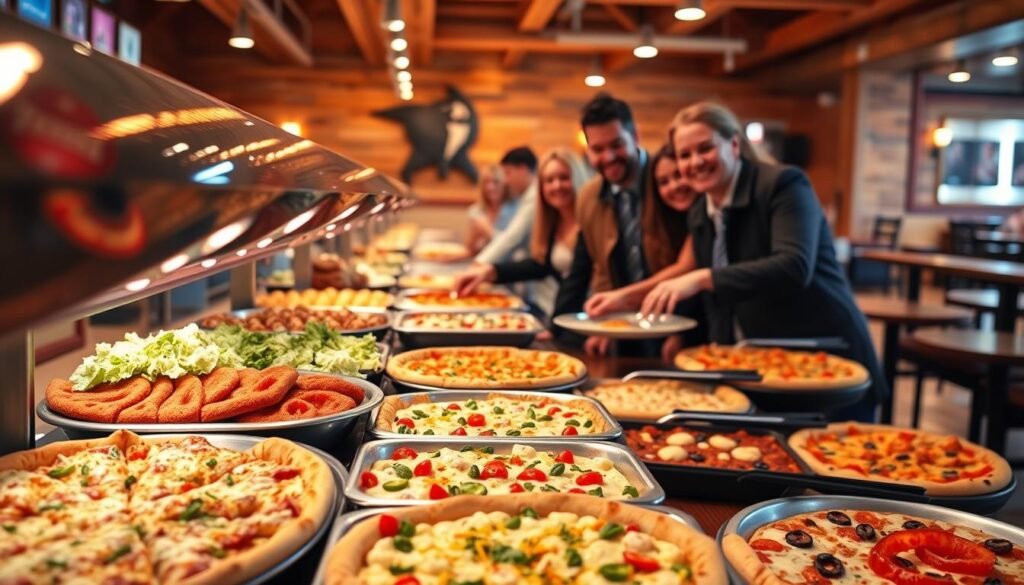 A vibrant and inviting Pizza Ranch buffet scene, featuring a beautifully arranged buffet table filled with an assortment of delicious pizzas in various flavors, alongside sides like fresh salads and cheesy breadsticks. The foreground displays a colorful selection of toppings ready for customization. In the middle, a group of people dressed in smart casual attire are happily serving themselves, showing a sense of community and enjoyment. In the background, warm lighting enhances the cozy atmosphere, with a rustic wooden decor typical of a family-friendly restaurant. The angle captures the length of the buffet table, offering a full view of the mouth-watering options available, creating a welcoming invitation to dine. The mood is cheerful and friendly, perfect for showcasing a buffet dining experience.