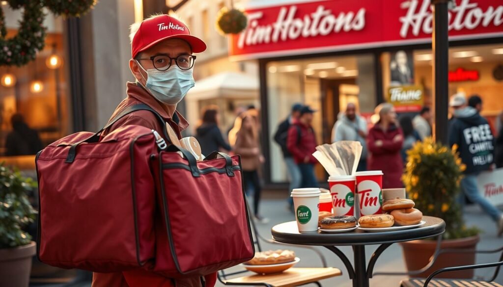 A vibrant and inviting scene depicting a Tim Hortons delivery in a cozy urban setting. In the foreground, a delivery person in a Tim Hortons uniform cheerfully carries a large insulated thermal bag filled with hot coffee and pastries, wearing a mask for safety. In the middle of the image, a small outdoor café table is adorned with several freshly brewed coffee cups and a diverse selection of donuts, showcasing the brand's popular items. The background features a bustling street with a Tim Hortons storefront, vibrant with customers enjoying their drinks and pastries. The warm morning light casts a soft glow over the scene, creating a friendly and welcoming atmosphere, ideal for coffee lovers. A vibrant and inviting scene depicting a Tim Hortons delivery in a cozy urban setting. In the foreground, a delivery person in a Tim Hortons uniform cheerfully carries a large insulated thermal bag filled with hot coffee and pastries, wearing a mask for safety. In the middle of the image, a small outdoor café table is adorned with several freshly brewed coffee cups and a diverse selection of donuts, showcasing the brand's popular items. The background features a bustling street with a Tim Hortons storefront, vibrant with customers enjoying their drinks and pastries. The warm morning light casts a soft glow over the scene, creating a friendly and welcoming atmosphere, ideal for coffee lovers.