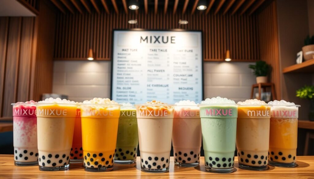 A vibrant and visually appealing menu display showcasing the most popular bubble tea flavors from Mixue. The foreground features an array of glass or plastic cups filled with various hues of bubbly, creamy drinks, each topped with a generous serving of tapioca pearls. The middle ground highlights a sleek, modern menu board with hand-lettered or digital displays presenting the flavor options in an enticing manner. The background sets the scene with a warm, inviting cafe ambiance, perhaps featuring wood tones, pastel accents, and subtle lighting that creates a cozy, inviting atmosphere. The overall composition conveys the irresistible allure of Mixue's signature bubble tea creations, enticing the viewer to indulge in these delectable, customizable beverages.