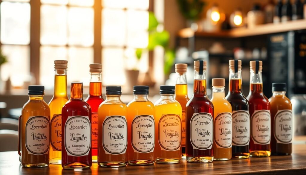 A vibrant arrangement of glass bottles filled with an array of colorful, artisanal coffee syrups and sauces. The bottles are neatly displayed on a wooden table, illuminated by natural light pouring in from a window. The syrups range from classic vanilla and caramel to unique flavors like lavender, cardamom, and maple. The bottles have elegant labels with hand-drawn illustrations, conveying a sense of craft and care. In the background, a blurred, cozy cafe setting creates a warm, inviting atmosphere. The lighting is soft and diffused, highlighting the rich hues and textures of the syrups. The overall scene evokes the idea of customizing and enhancing specialty coffee drinks with an array of artisanal, flavorful options.