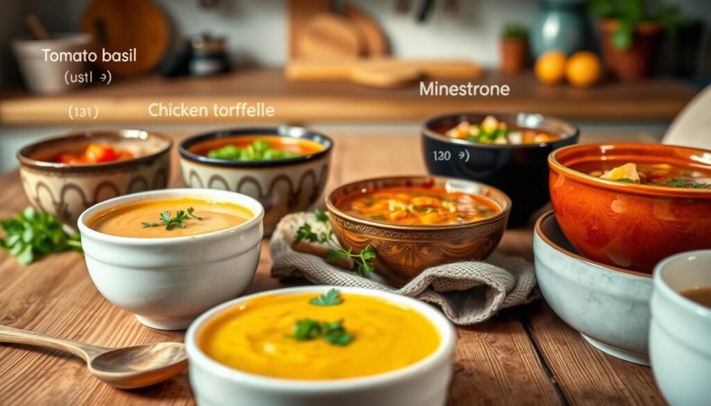 A vibrant assortment of soups and bowls arranged on a wooden table, showcasing a variety of delicious options such as tomato basil, chicken tortilla, and minestrone. Each bowl is labeled with calorie counts, elegantly illustrated in a subtle font around the bowls. In the foreground, a rustic wooden spoon rests beside a bowl of creamy soup, while fresh herbs and a slice of bread accompany the dishes. The middle ground features a small rustic cloth napkin under the bowls, enhancing the cozy atmosphere. The background includes blurred elements of a warm, welcoming kitchen, with soft, natural lighting casting a gentle glow on the bowls, creating an inviting and appetizing mood. The angle captures the richness of the textures and colors of the soups without any distractions.