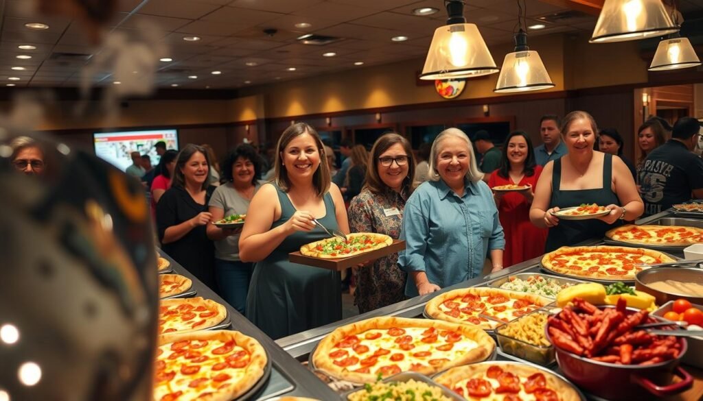 A vibrant buffet scene at Pizza Ranch, showcasing a diverse array of delicious food options, including steaming pizzas, fresh salads, and hearty sides in abundance. The foreground features a beautifully arranged buffet table, laden with colorful dishes and enticing aromas, inviting diners to explore the variety. In the middle ground, cheerful patrons dressed in casual, modest outfits are engaged in selecting their meals, with bright smiles and animated expressions reflecting the joy of dining. The background shows warm, inviting restaurant decor, illuminated by soft, ambient lighting. Capture the bustling atmosphere of a community gathering over food, with a focus on the enticing buffet selection and the joyful experience of "buffet your way." Utilize a wide-angle lens to enhance depth and richness in the scene. The overall mood should be warm and inviting, emphasizing community and comfort.