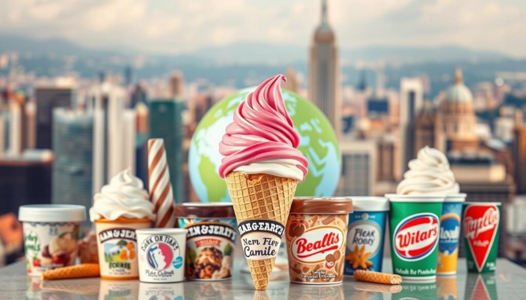 A vibrant collage of the world's most iconic ice cream brands, captured in a high-quality, realistic style. In the foreground, an assortment of classic ice cream cones and cups, each showcasing the distinct branding and logos of top international labels like Häagen-Dazs, Ben &amp;amp;amp;amp;amp; Jerry's, Baskin-Robbins, and Walls. The middle ground features a stylized globe, emphasizing the global reach and popularity of these beloved ice cream brands. The background is a soft, blurred scene of a bustling city, hinting at the international presence and widespread appeal of these companies. Warm, natural lighting illuminates the scene, creating a welcoming and inviting atmosphere.