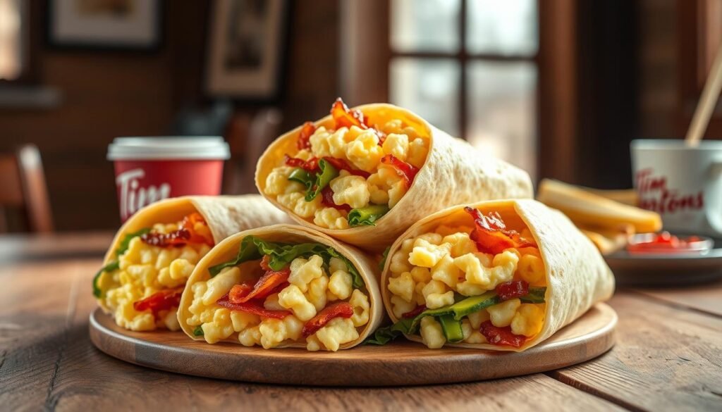 A vibrant composition featuring a close-up shot of delicious Tim Hortons breakfast wraps artistically arranged on a rustic wooden table. The wraps should be filled with fluffy scrambled eggs, crisp bacon, melted cheese, and fresh vegetables, showcasing their loaded and appetizing nature. Soft morning light filters through a nearby window, creating a warm and inviting atmosphere that highlights the textures of the food. In the background, subtle hints of Tim Hortons branding, such as a coffee cup and a small plate with condiments, add context without detracting from the main subject. The scene should evoke a sense of comfort and satisfaction, perfect for starting the day right with a tasty breakfast option.