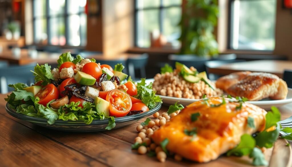 A vibrant display of a gluten-free meal featuring various salads and protein sources, such as grilled chicken, quinoa, and chickpeas. In the foreground, a beautifully arranged plate of colorful mixed greens tossed with cherry tomatoes, cucumbers, and avocado, drizzled with a light vinaigrette. Beside it, a portion of roasted salmon garnished with fresh herbs. In the middle ground, a rustic wooden table adds warmth, with a softly glowing sunlight filtering through a nearby window, casting gentle shadows and highlighting the textures of the food. The background features a blurred out restaurant setting, creating a cozy and inviting atmosphere. The focus is on freshness and healthiness, inspiring a sense of well-being and satisfaction. No text or branding visible.