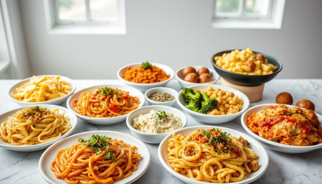 A vibrant, high-quality spread of noodle dishes and sides against a clean, modern backdrop. In the foreground, a selection of popular menu items such as penne rosa, Japanese pan noodles, and mac and cheese, each presented on white ceramic plates with carefully crafted garnishes. In the middle ground, complementary side dishes like garlic herb broccoli and house-made meatballs are arranged tastefully. The background features a softly blurred, minimalist setting with natural lighting from large windows, highlighting the fresh, homemade quality of the food. The overall composition conveys an inviting, appetizing atmosphere suitable for an article on the Noodles and Company menu.