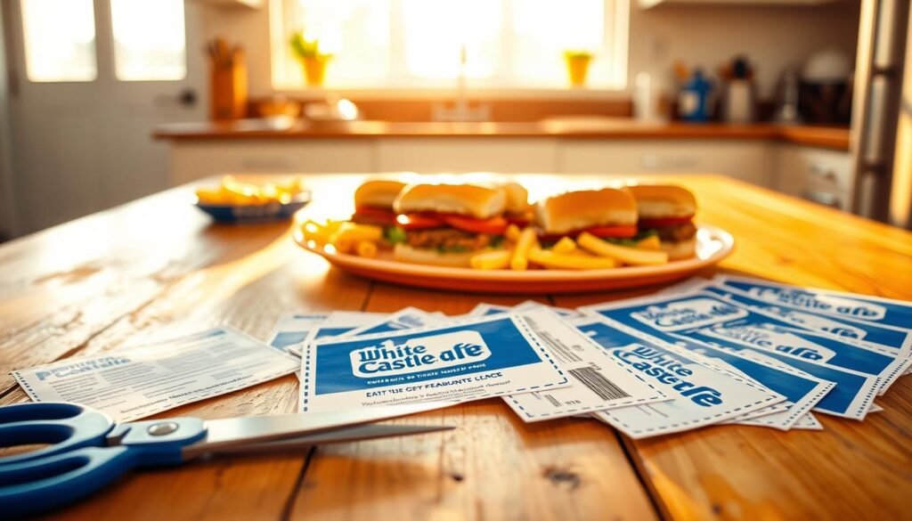 A vibrant image featuring a collection of printed White Castle coupons spread out on a rustic wooden table in a bright, inviting kitchen setting. In the foreground, a pair of scissors sits next to the coupons, suggesting they're ready to be cut out for savings. The middle section includes a delicious spread of White Castle sliders and sides arranged attractively on a bright plate, with a golden hue from soft afternoon sunlight illuminating the scene. The background features an open window with light filtering in, casting gentle shadows and creating a warm atmosphere. The overall mood should convey excitement and anticipation, highlighting the joy of saving money while indulging in tasty fast food. Focus on details like the texture of the paper coupons and the freshness of the food items, ensuring the composition remains clear and engaging without any text or watermarks.