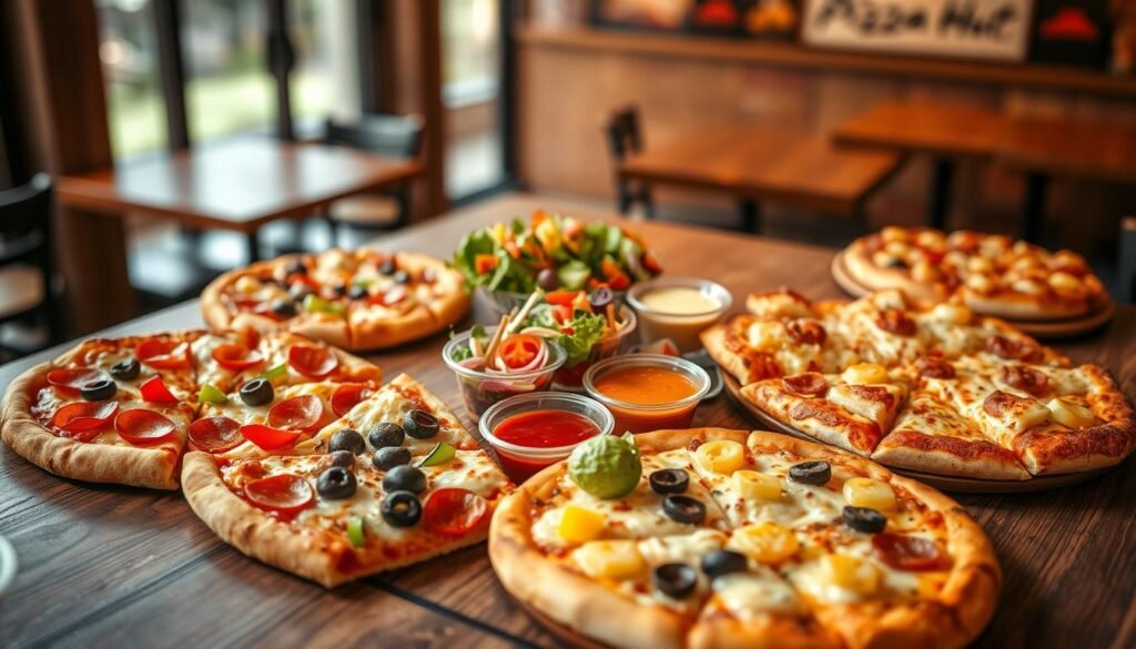 A vibrant, mouthwatering presentation of various mix-and-match pizza combos arranged aesthetically on a rustic wooden table. In the foreground, show different pizza slices with unique toppings like pepperoni, bell peppers, olives, and pineapples, some on classic crusts and others on stuffed crusts. The middle should feature a colorful salad and dipping sauces elegantly placed beside the pizzas, evoking a casual dining atmosphere. In the background, subtle hints of a cozy Pizza Hut restaurant setting, such as tasteful lighting and blurred tables, create a warm mood. Use soft, natural lighting for an inviting look, with a shallow depth of field to focus on the delicious food while adding a hint of warmth and comfort to the dining experience. A vibrant, mouthwatering presentation of various mix-and-match pizza combos arranged aesthetically on a rustic wooden table. In the foreground, show different pizza slices with unique toppings like pepperoni, bell peppers, olives, and pineapples, some on classic crusts and others on stuffed crusts. The middle should feature a colorful salad and dipping sauces elegantly placed beside the pizzas, evoking a casual dining atmosphere. In the background, subtle hints of a cozy Pizza Hut restaurant setting, such as tasteful lighting and blurred tables, create a warm mood. Use soft, natural lighting for an inviting look, with a shallow depth of field to focus on the delicious food while adding a hint of warmth and comfort to the dining experience.